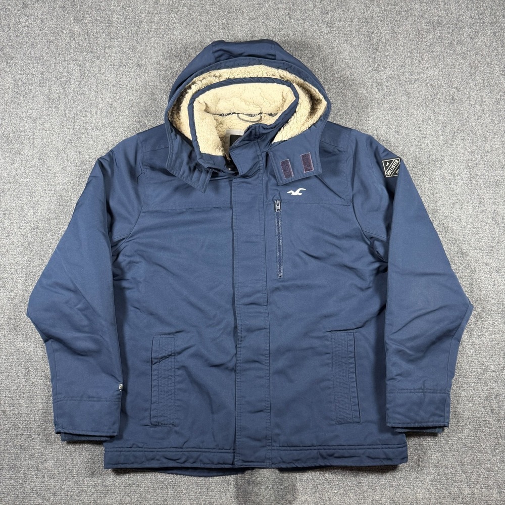 Hollister All-Weather Jacket Mens XL Navy Blue Hooded Fleece Lined Coat Outdoor